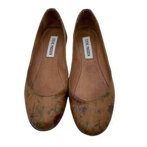 Steve Madden Brown Leather Flats Unique Floral Print Round Toe Women's Size 6